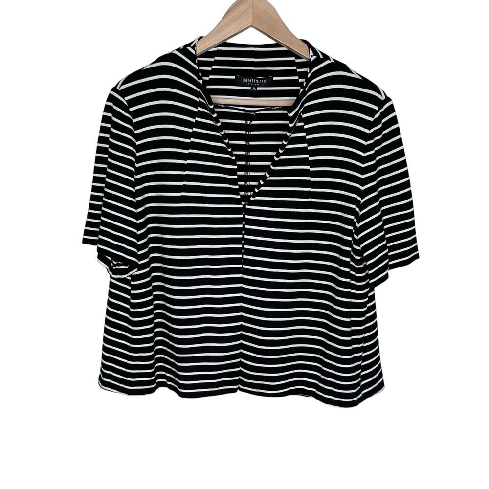 Lafayette 148 New York Striped Cardigan Top M Black White Hook & Eye
